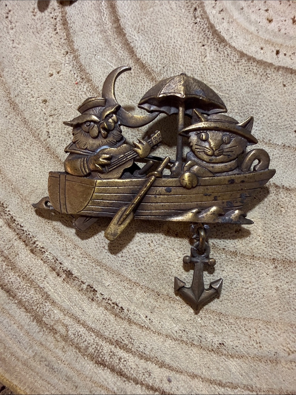 Jonette Jewelry Owl & Cat in Boat 2.5” Pewter Brooch 1970-1990 signed